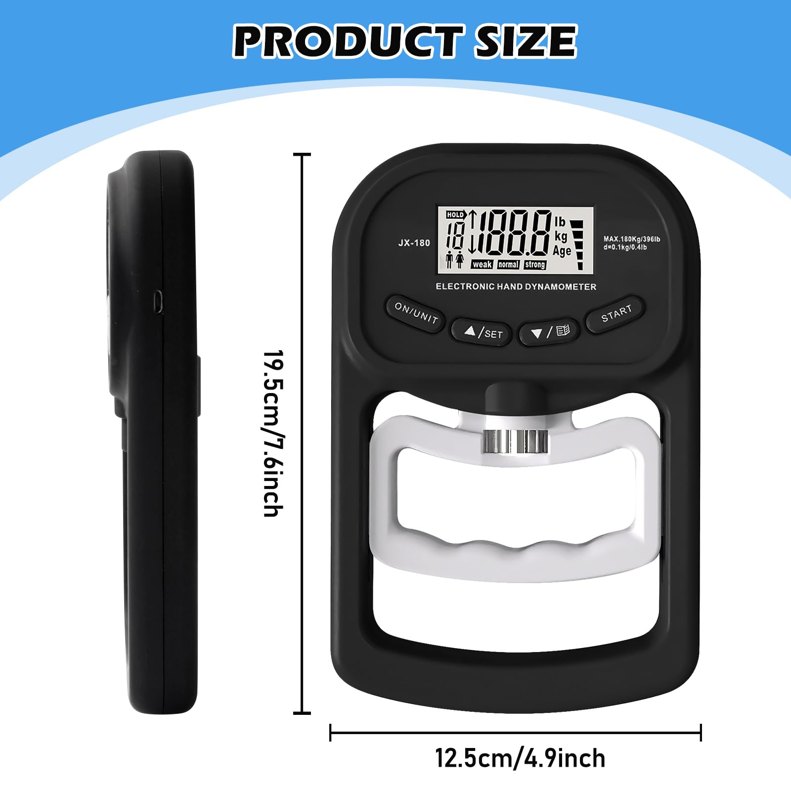 Vegena Dynamomètre de Force Manuelle, 198 Livres/90 Kilogrammes, Dynamomètre de Préhension avec Affichage LED et Câble de Chargement USB, Appareil de Mesure de La Force de La Main