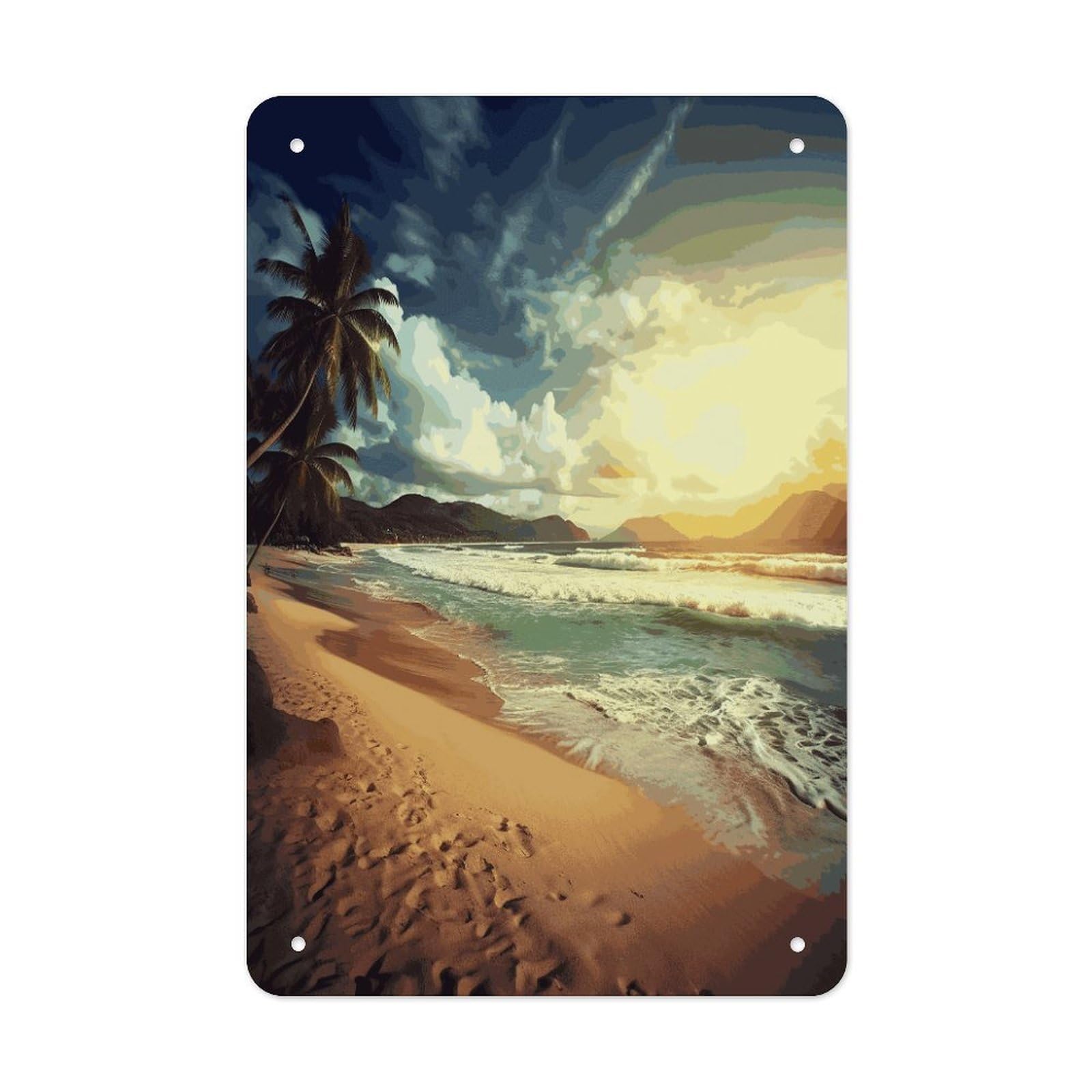 LDGSUPH Sunset on The Beach Wall Art Prints Folded Edge Iron Sheet Painting with Holes for Wall Prints Decorative Picture Metal Signboard Decor Painting for Outdoor Indoor Wall Decor
