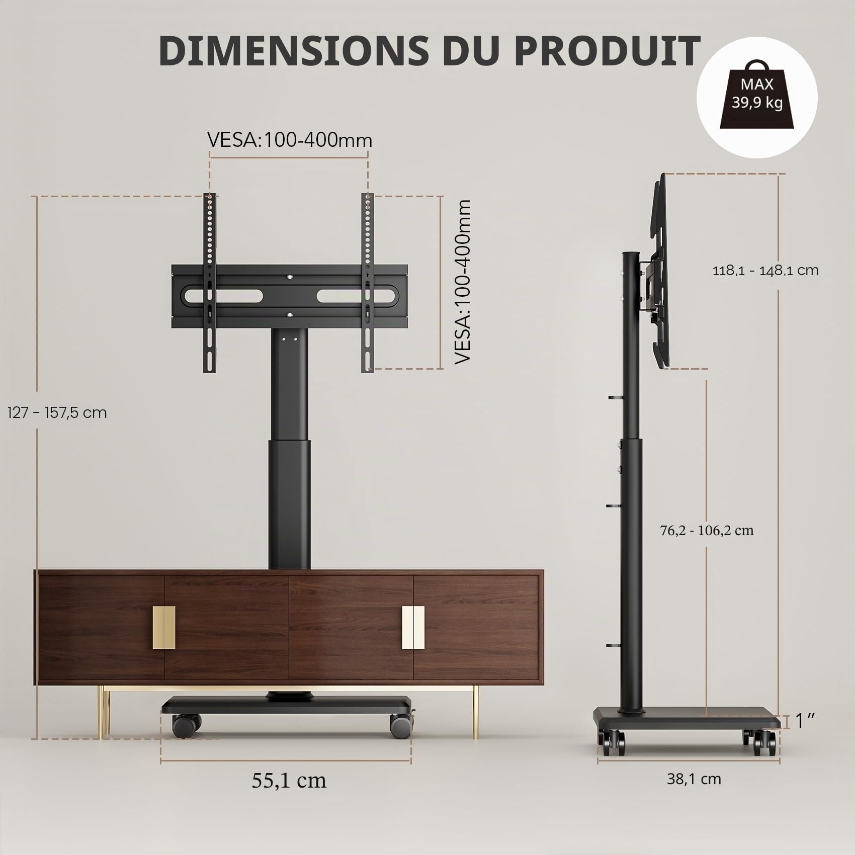 AX WABER Support TV de Sol Universel, Support TV Roulant avec Roulettes, Pivotant à 80 Degrés, Réglable en Hauteur pour TV LCD LED OLED de 27 à 65 Pouces, Peut Soutenir jusqu'à 40 kg, Support pour