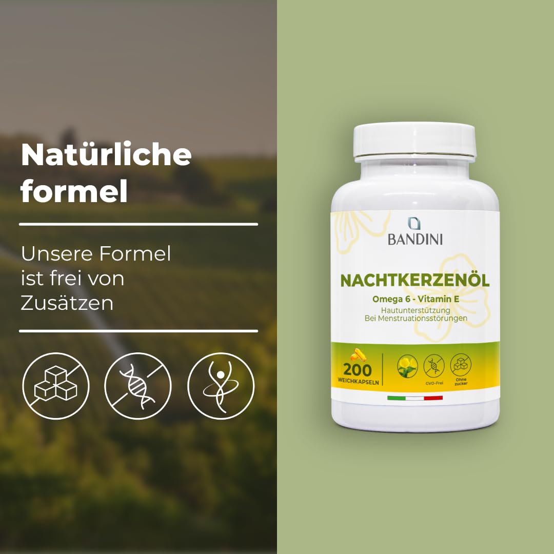 Bandini® Nachtkerzenöl | 200 Weichkapseln (2000mg pro Tagesdosis) | 10% Gla + Vitamin E | Antioxidans | Vitamin E Gamma-Linolensäure GLA - kaltgepresst | 4 Weichkapseln/Tag für 50 Tage Versorgung