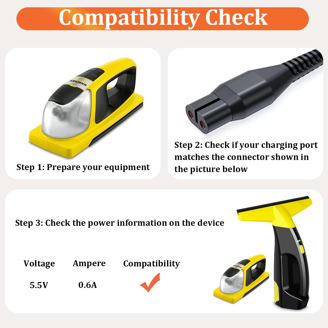 5.5V Replacement Charger for Karcher Window Vac Cleaner WV2, WV 2 Premium 2nd Generation, WV5 Premium 2nd Generation, WV51 - Image 3
