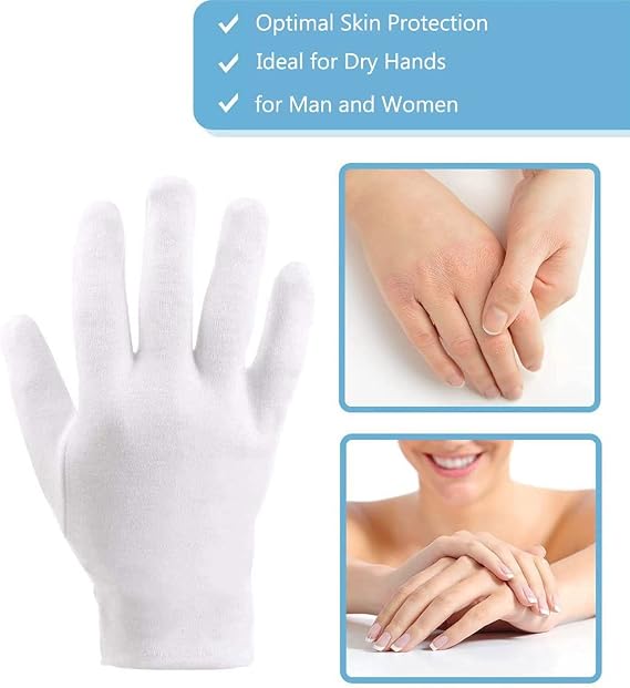 2 Pairs Cotton Moisturizing Gloves Over Night Bedtime White Cotton Cosmetic Inspection Premium Cloth Quality Eczema Dry Sensitive Irritated Skin Spa Therapy Secure Wristband One Size