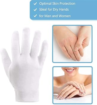 2 Pairs Cotton Moisturizing Gloves Over Night Bedtime White Cotton Cosmetic Inspection Premium Cloth Quality Eczema Dry Sensitive Irritated Skin Spa Therapy Secure Wristband One Size