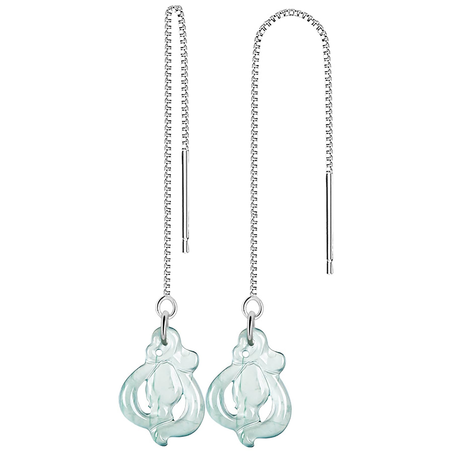 Jade Orchid Earrings Pure Silver Parts Ear Thread Feng Shui Wealth Amulet Chakra Balance Gem Blue Water Fei Cui Jade Flora Crystal Ear Dangler Luxurious Vacation Jewelry Love Luck