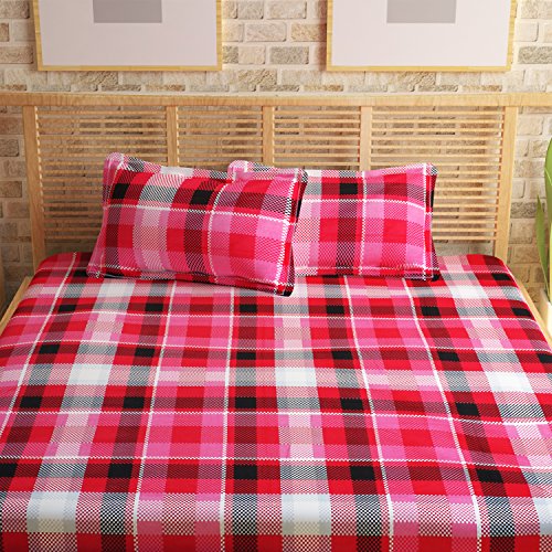 Image of Story@Home Magic Collection 152 TC Cotton Bedsheet for Double Bed with 2 Pillow Covers, Red, Checks (Bedsheet : 225 X 250 cm & Pillow Cover : 46 X 69 cm)