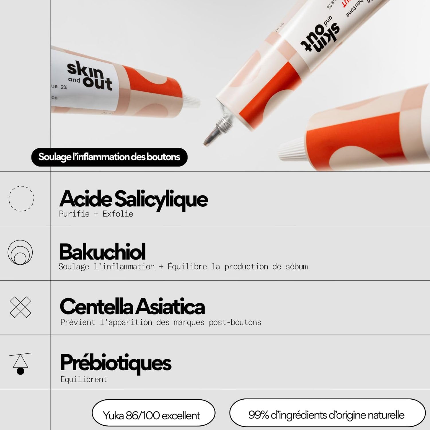 Skin & Out – Soin Boutons – 99% Naturel – Traitement ciblé stop-boutons avec Acide Salicylique 1% & Bakuchiol – Soulage les boutons, purifie et prévient l’apparition de marques post-boutons