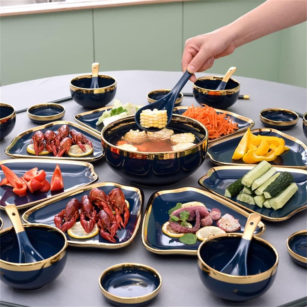 Blue Ceramic Tableware Set Platter Combination Tableware Reunion Plate Saucer Soup Pot (D As Shown)