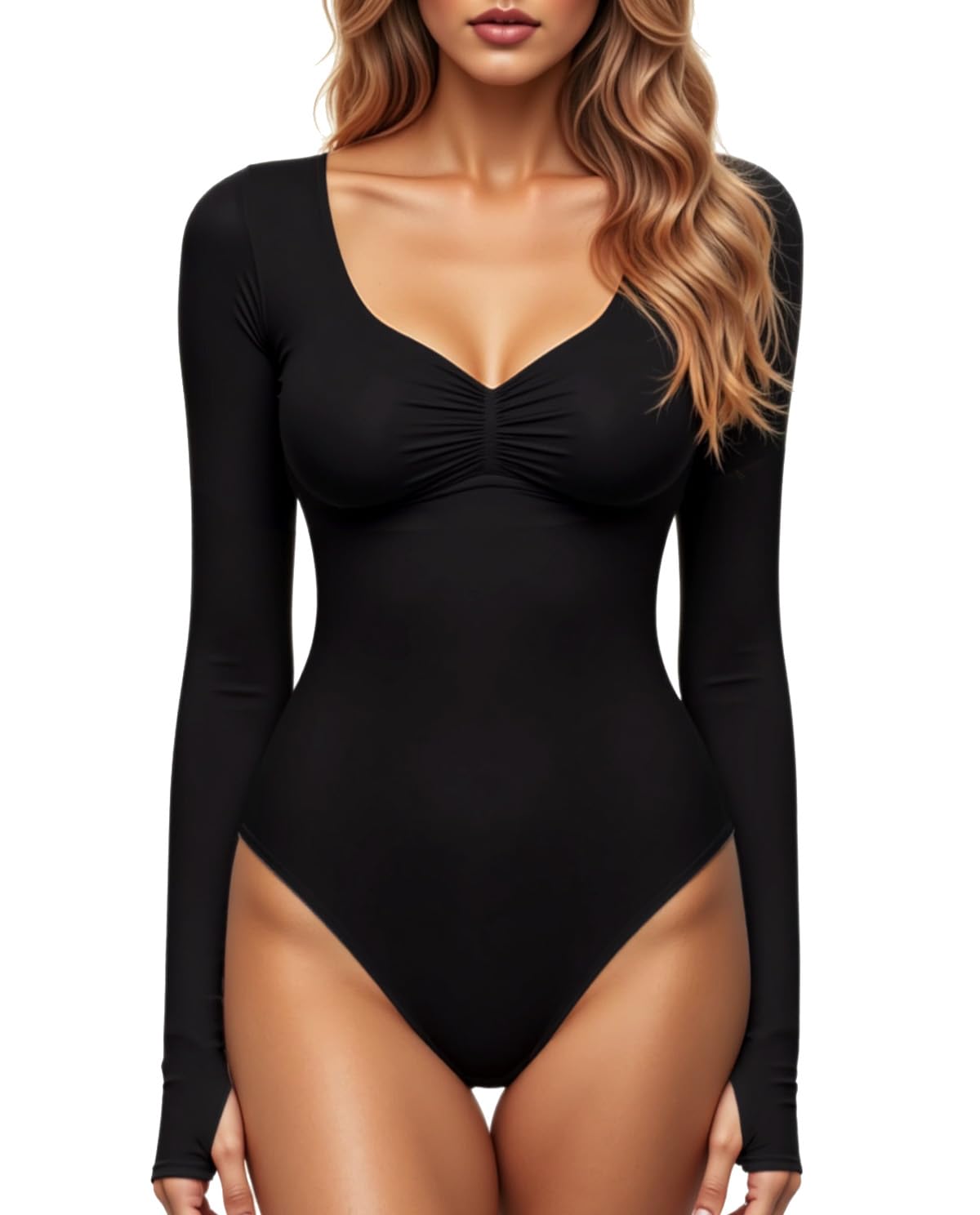 GJY Damen Bodysuit mit Quadratischem V-Ausschnitt, Sexy Oberteile Mode Langarm Going Out Tops Stretchy Körper Anzug