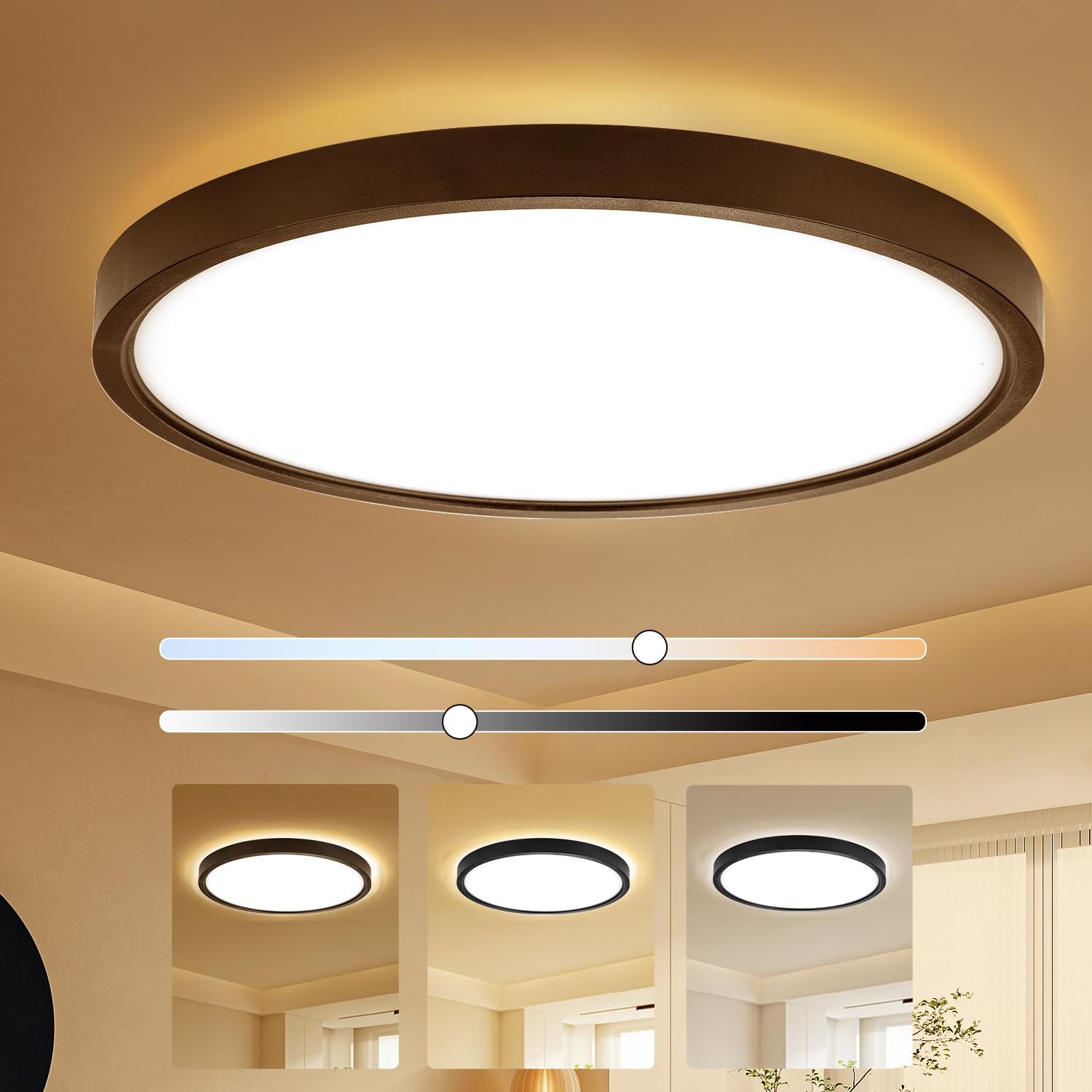 TALOYA 18.2 Inch LED Ceiling Light Fixture,3000K/4000K/6500K Selectable with Back Light, 36W Black Dimmable LED Flush Mount Ceiling Light for Hotel, Bedroom, Living Room,Office, Memory Function