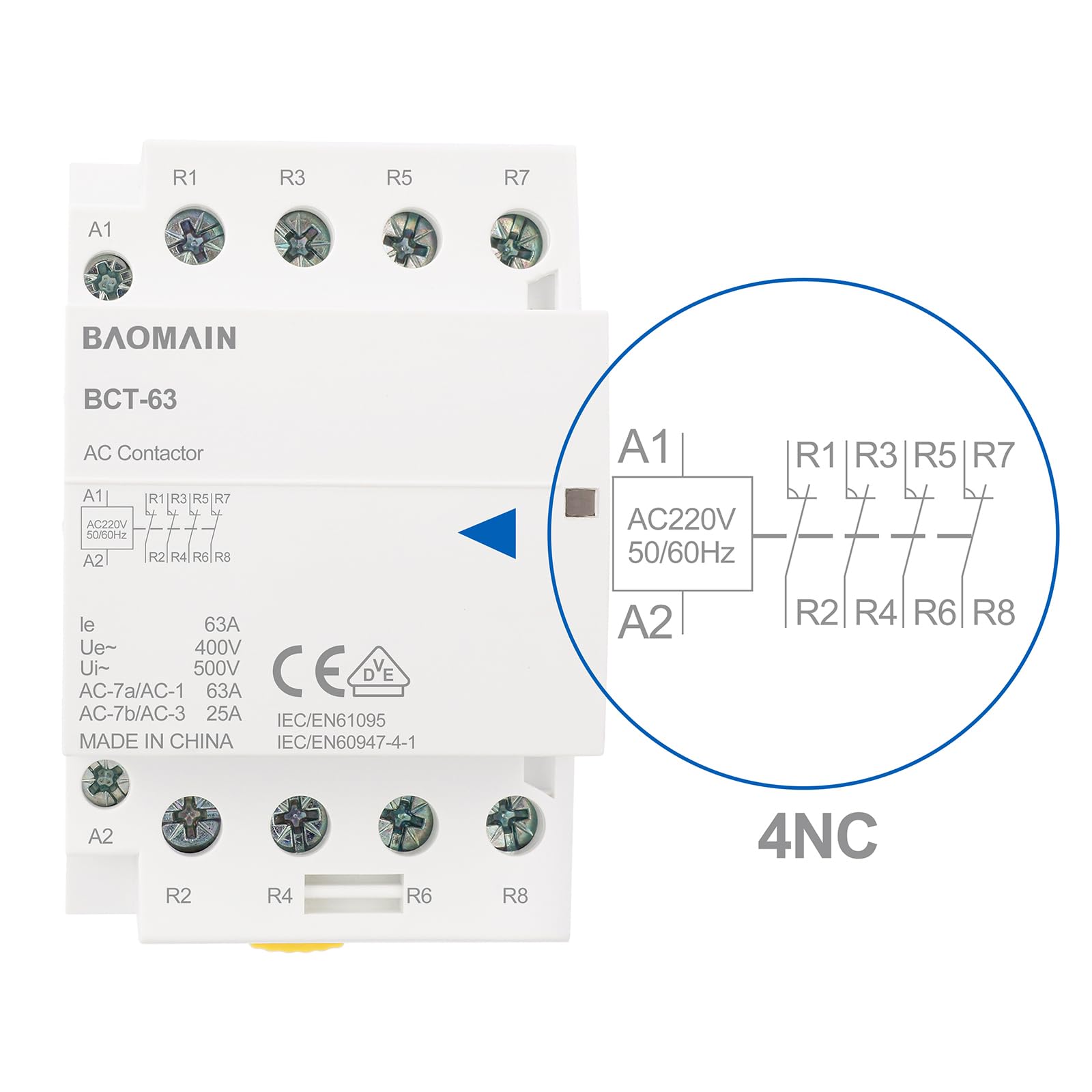 BAOMAIN Installationsschütz 230V 63A 4-polig 4NC (4 Öffner), Brummarmer Hausschütz für 35mm DIN-Schiene, VDE zertifiziert, Lastschütz für Sicherheitsabschaltung, BCT-63