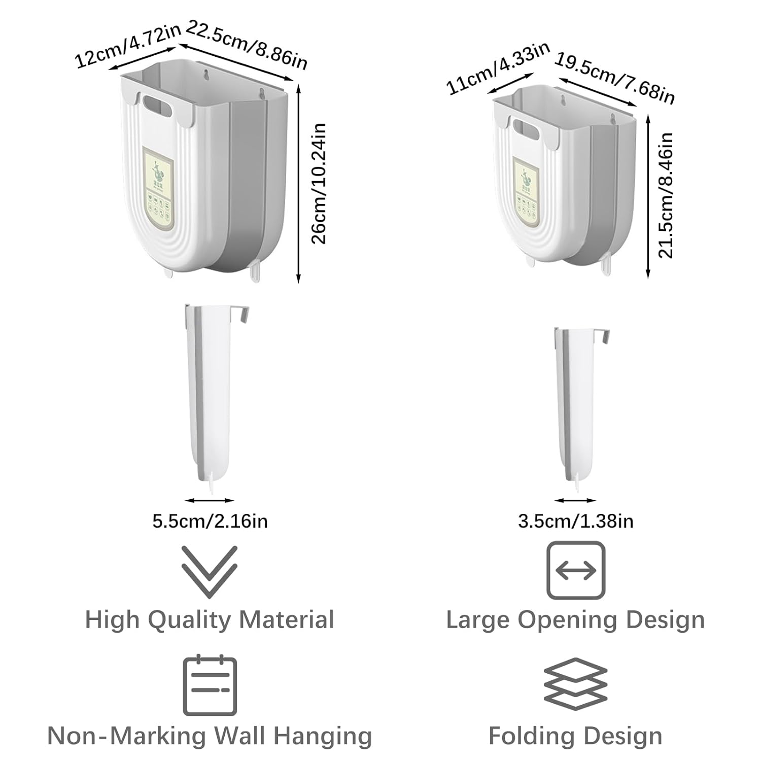 2PCS Hanging Kitchen Trash Can, Collapsible Trash can for Kitchen, Wall Mounted Foldable Small Garbage Can Compost Bin, 6L+10L Under Sink Waste Bin for Cabinet/Bedroom/Car/Bathroom (Grey)