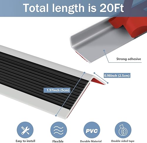Miniatura 21 de Borde de goma autoadhesivo para escaleras, protector de borde de escalera de vinilo para exteriores e interiores (10 pies, negro y gris)