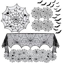 Spider Web Tablecloth Set, 5 Pack 23 Pcs Black Fireplace Mantel Scarf & Lace Table Runner & Round Table Cover & Placemat & 3D Bat Wall Sticker, Wednesday Addams Party Decorations
