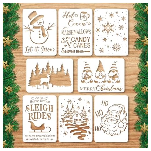 8pcs Pochoirs de Noël Réutilisables, 28x20,3cm Grands Pochoirs Merry Christmas Sapin de Noël Père Noël Modèles de Vacances d'Hiver pour Peinture Sur Bois Ferme Murs Toile Tissu Travaux