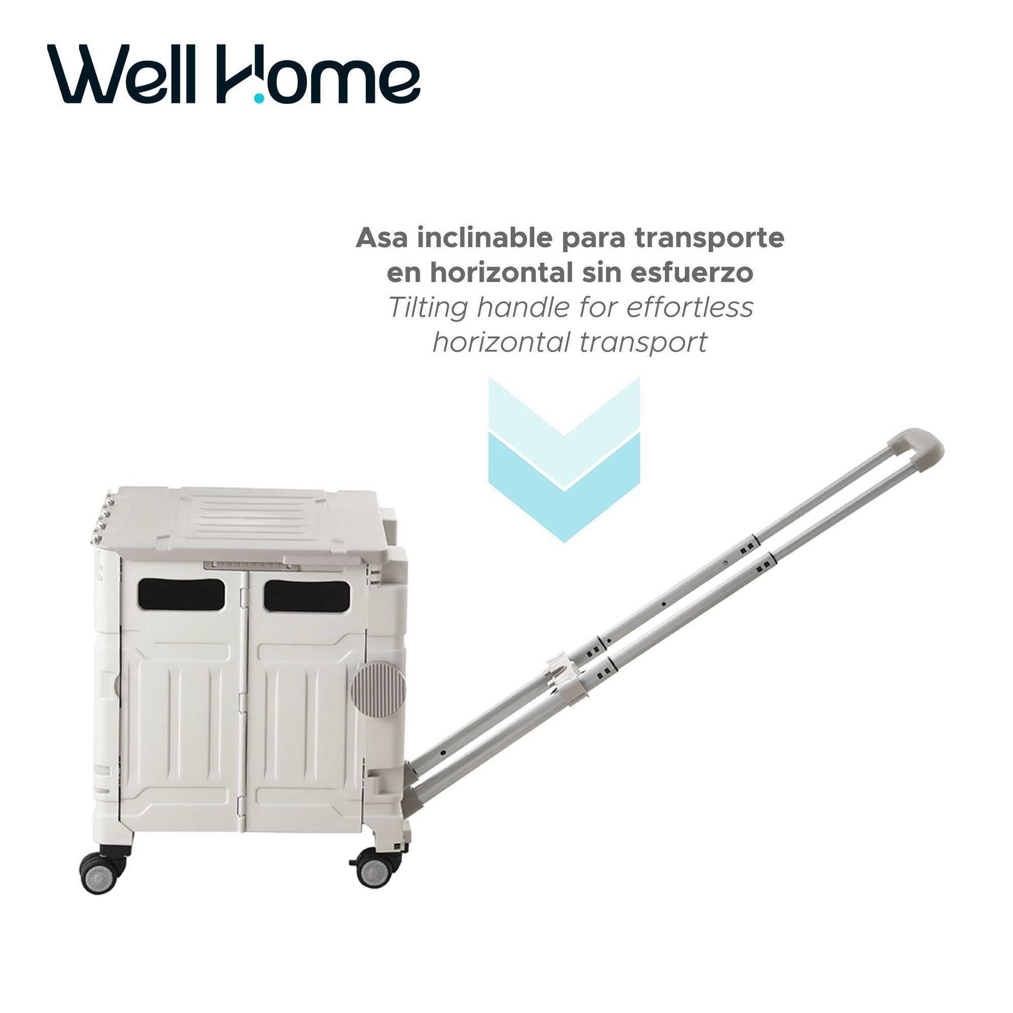 Well Home Carro de la Compra Plegable Tipo Caja con Tapa y Ruedas, Caja de Almacenaje para Maletero de Coche, Asa Telescópica Reforzada, Capacidad 56L