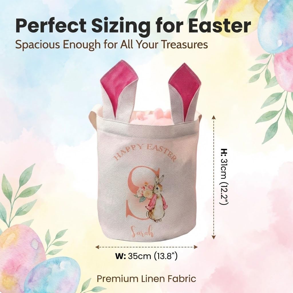 Personalized Easter Basket with Name, Custom Embroidered Initial Storage Bucket, Large Floral Bunny Egg Hunt Tote Reusable Bag, Easter Decor for Home, Spring Gift, Easter Party Gift for Boys & Girls - Image 2
