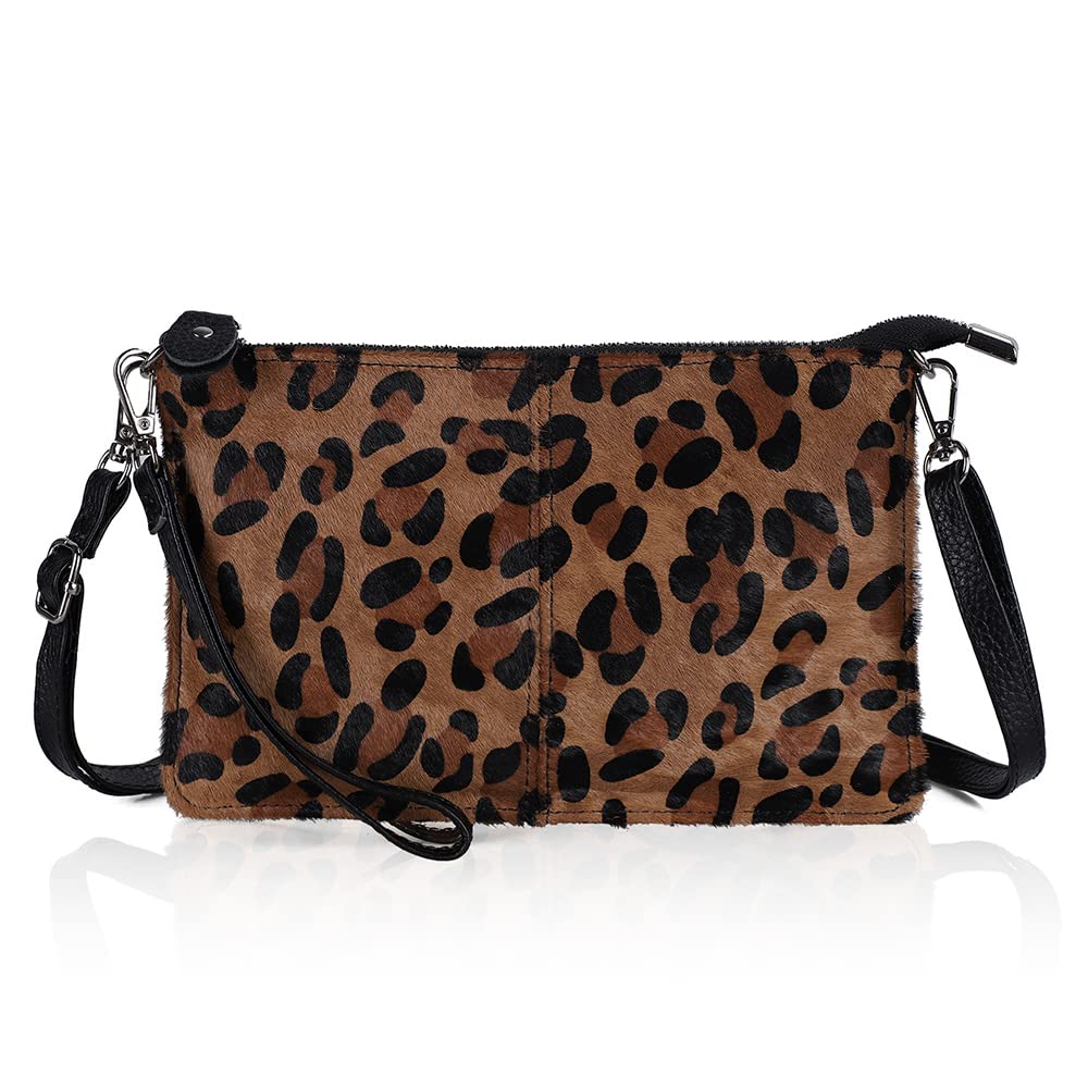 befen Leather Wristlet Clutch Wallet Purses Small Envelope Crossbody Bags for Women, Tan Leopard, S