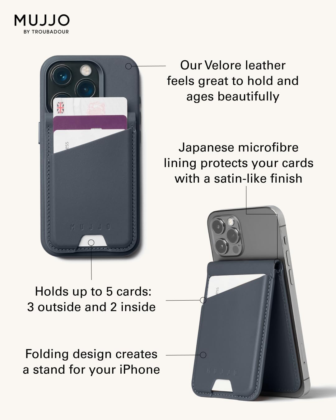 Mujjo Magsafe Compatible Leather Wallet Stand - Basalt Blue