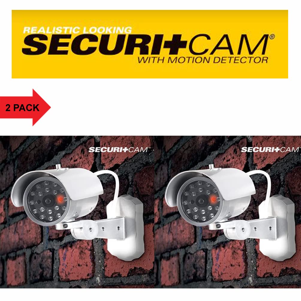 Securi+ Cam M1000 Lot de 2 caméras de surveillance factices avec détecteur de mouvement et lumière LED clignotante pour utilisation en intérieur et en extérieur