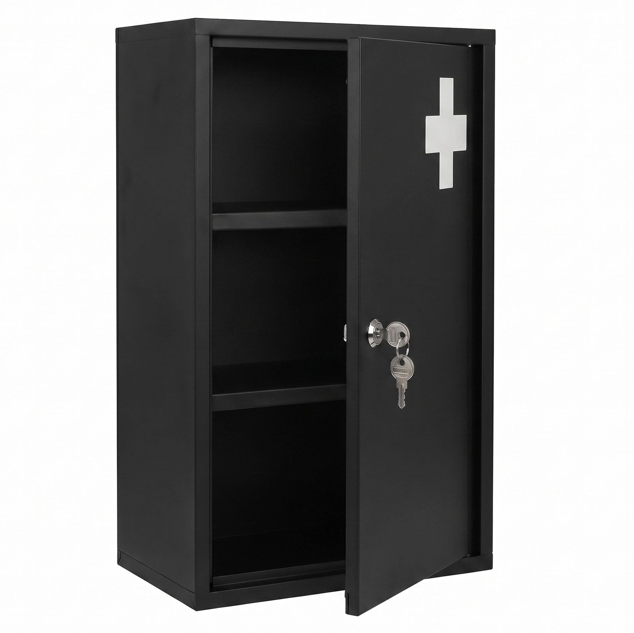Spetebo Armoire à pharmacie en métal - 50 x 30 cm - Verrouillable - Avec 2 clés - Noir - Armoire à pharmacie avec 3 compartiments - Armoire à pharmacie à domicile