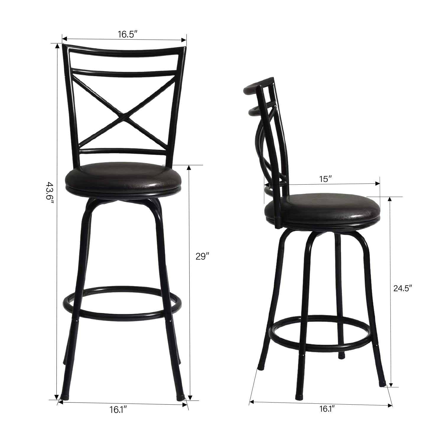 FurnitureR Vintage 26 Inch Bar Stools Set of 2 Height Adjustable, Industrial Swivel Barstools with Round Seat and Metal Back for Kitchen Island, Black