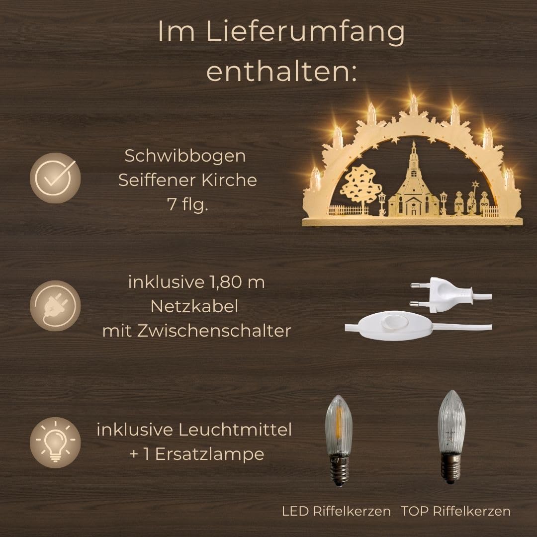 weigla - Schwibbogen original Erzgebirge I LED Lichterbogen Weihnachten I Motiv Seiffener Kirche I 7 Lampenkerzen + 1 Ersatzlampe I 7 x 34 V, 0,2 W, E10 I beleuchtete Weihnachtsdeko