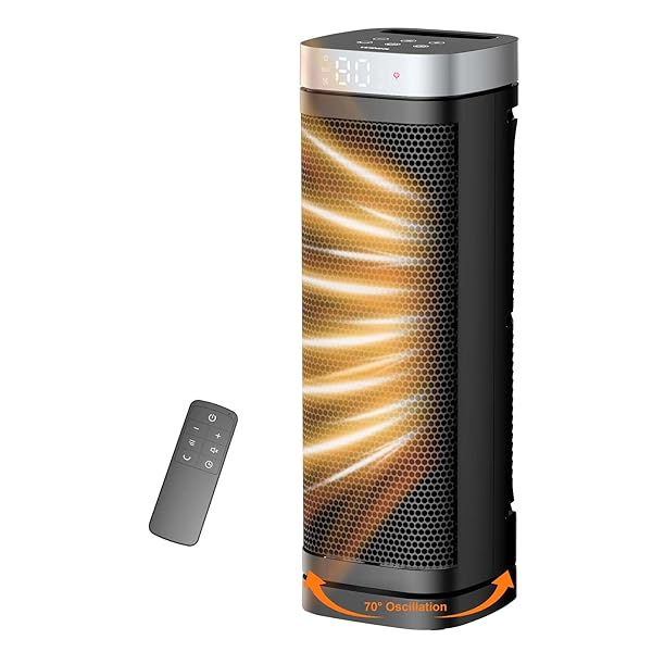 Space Heater, WINHL 17 Inches Electric Heaters for Indoor Use with Thermostat and Remote, 70°Oscillation, 12H Timer, 5 Modes, 1500W PTC Ceramic Fast Safety Heat for Office Bedroom Home