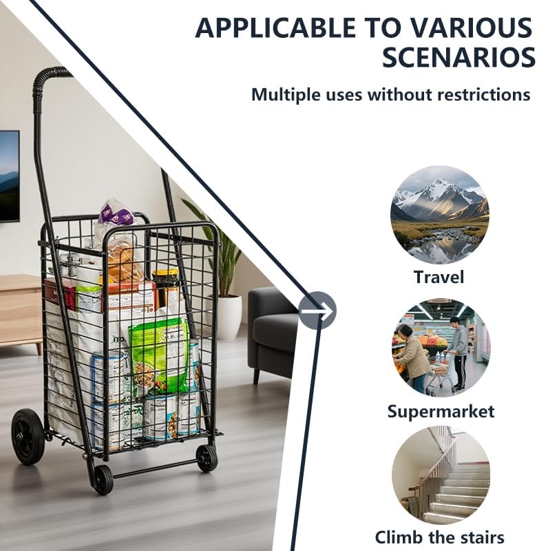 Folding Shopping Cart with 360° Swivel Wheels & Foam Armrests, Large Capacity Grocery Trolley for Laundry, Camping & Outdoor Use, Heavy-Duty Portable Utility Cart Holds up to 90 lbs – Black