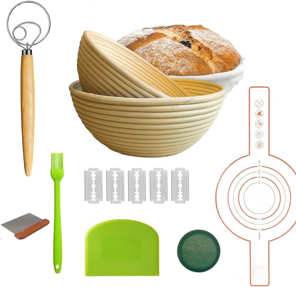Premium Banneton Bread Proofing Baskets Set of 2 (9 inch round baskets) with Liners + Starter Kit - 100% Indonesian Natural Rattan Sourdough Bread Baking Tools