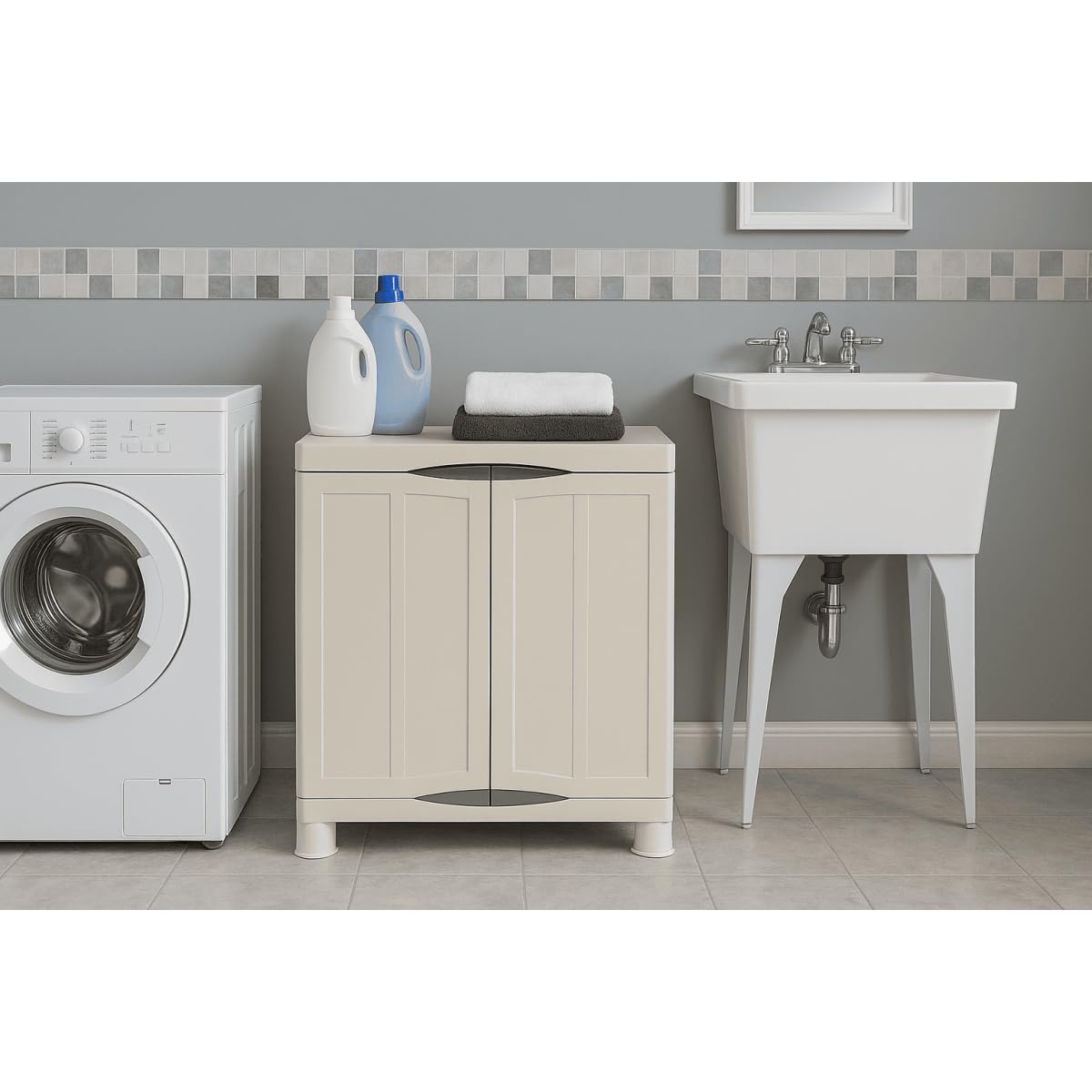 Intec – Armario bajo exterior interior beige 2 puertas 2 estantes 70 x 47 x 97 cm – pequeño mueble de almacenamiento carga 50 kg Max Garage Lavandería Terraza jardín