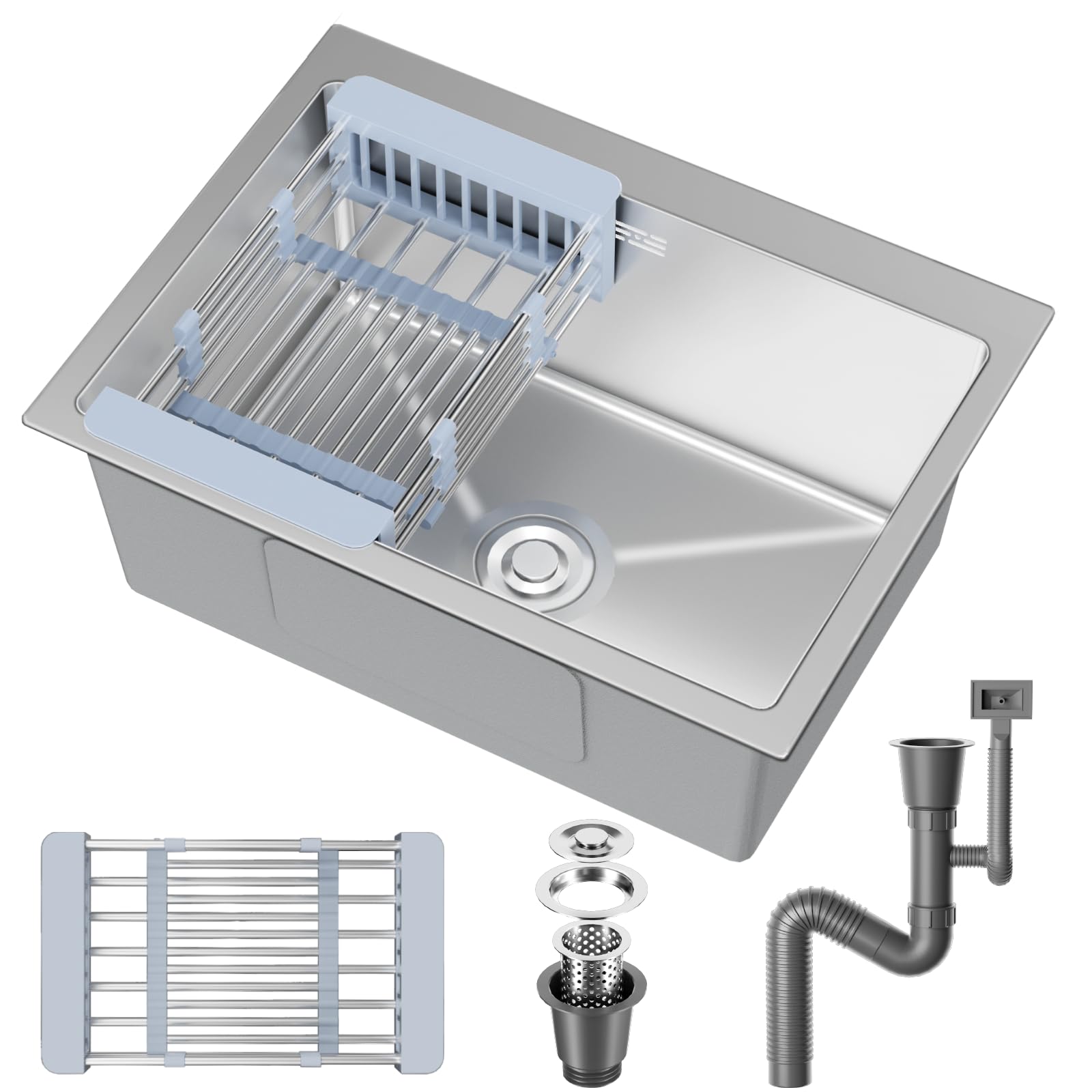 Stainless Steel kitche Sink,50 x 43cm,Inset Kitchen Sink,with Waste Kit,Drain Pipe,Pull-Out Drainer Basket,Suitable for Bathroom,Caravan Travelling
