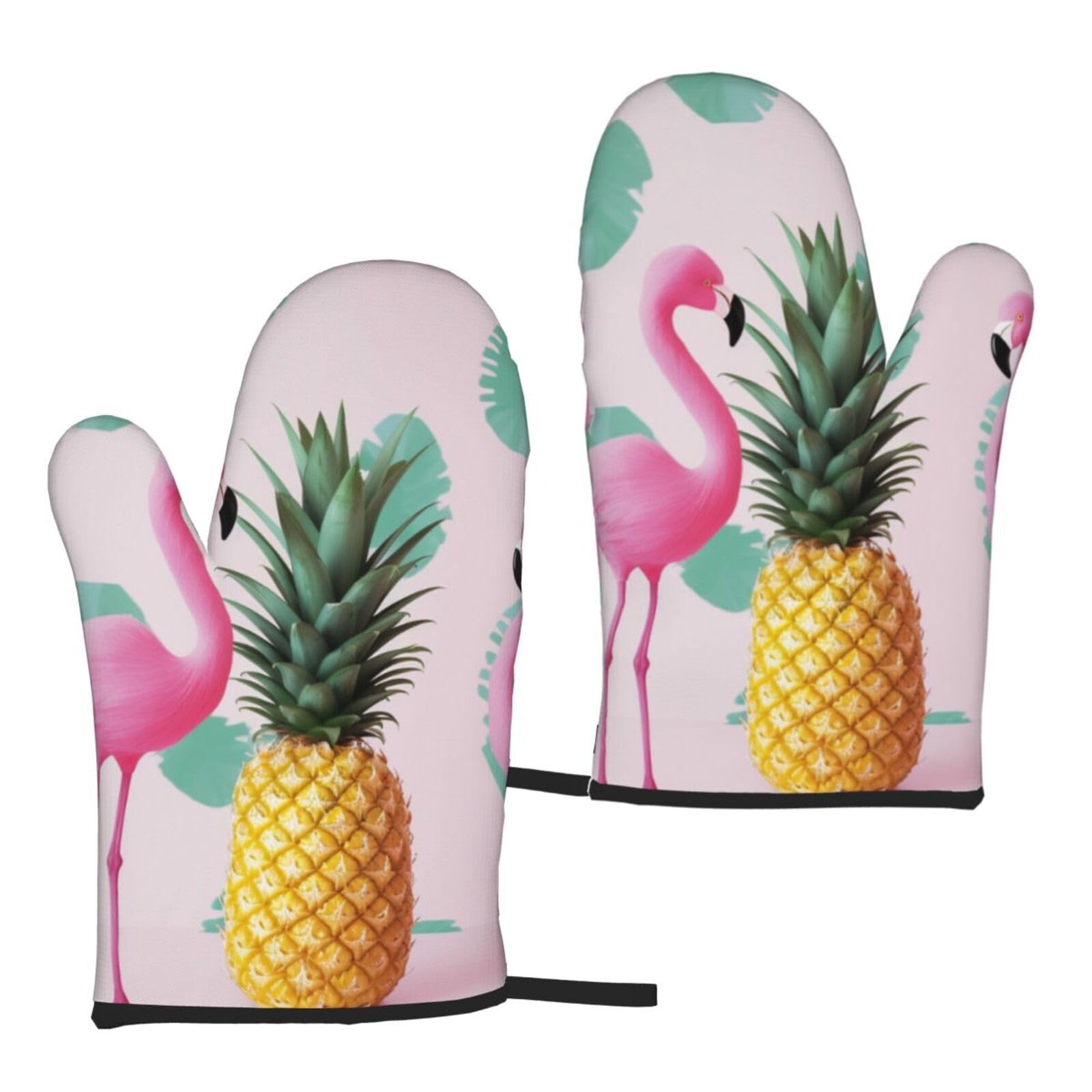 Flamingo and Pineapple Printed Oven Mitts Sets 2 PCS Heat Resistant and Non-Slip Glove Potholder for Kitchen Cooking Baking Grilling
