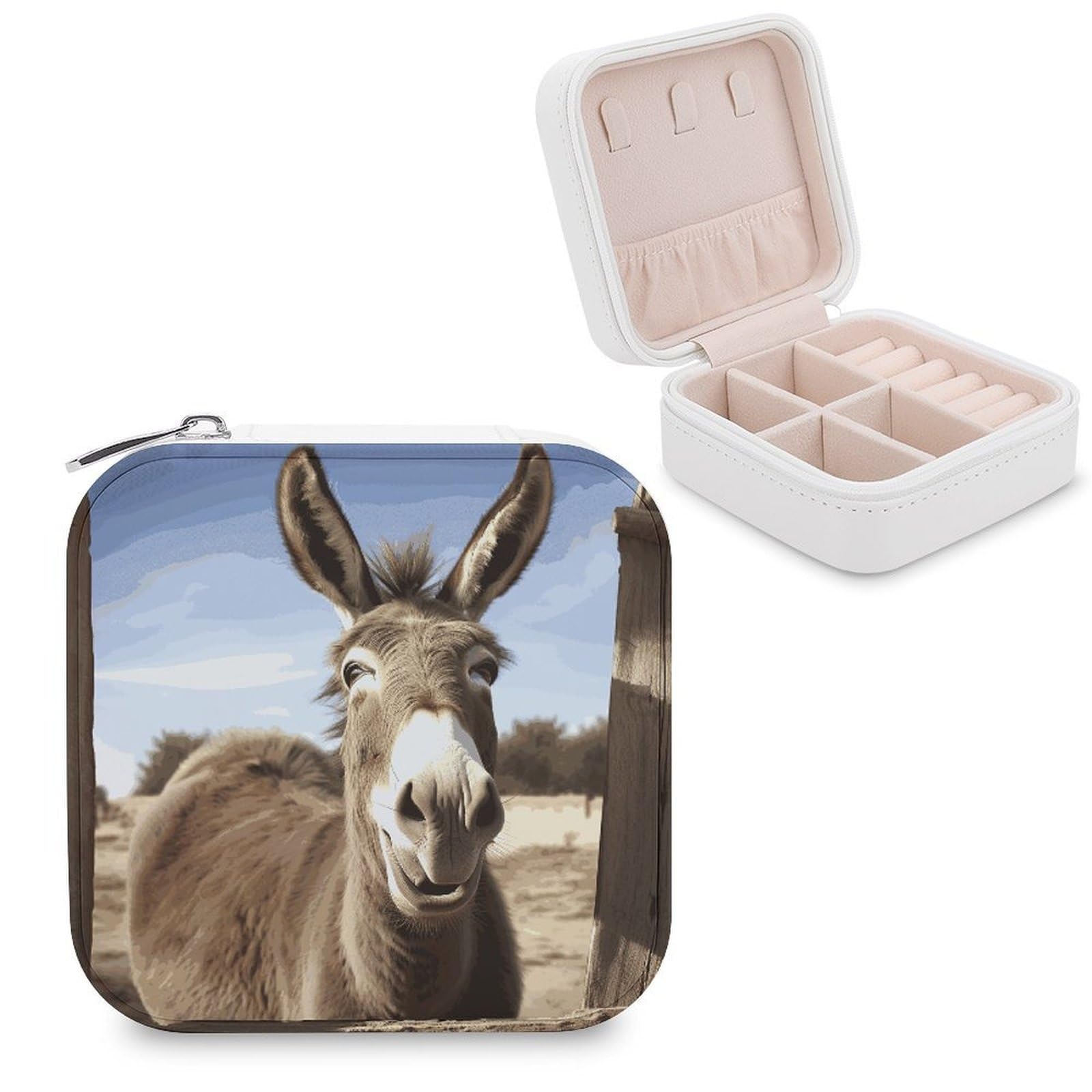 VstaDank Funny Donkey Jewelry Box for Women Jewelry Organizer Storage Case with Zipper Mini Travel Jewelry Case Cute Trinket Organizer Leather Portable Jewelry Storage Box