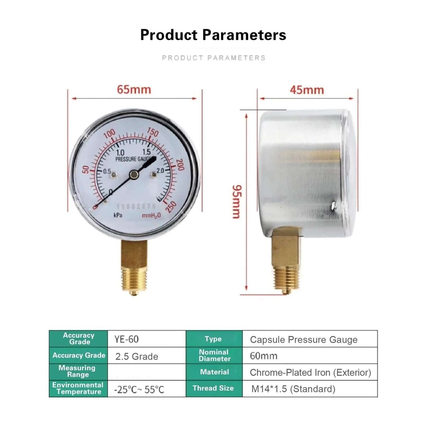 Membran-Manometer, YE-60, digitales Manometer, Vakuum-Mikro-Niederdruck-Manometer, radial montiertes Gewindemessgerät(-20-20kpa)