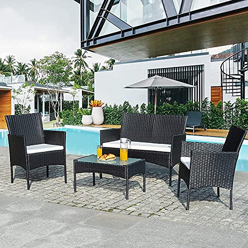 Ikodm Juego de 7 muebles de balcón de polirratán, incluye sofá, sillas individuales, mesa y cojín de asiento, muebles de jardín de jardín, color negro (GOL-4778-M1z)