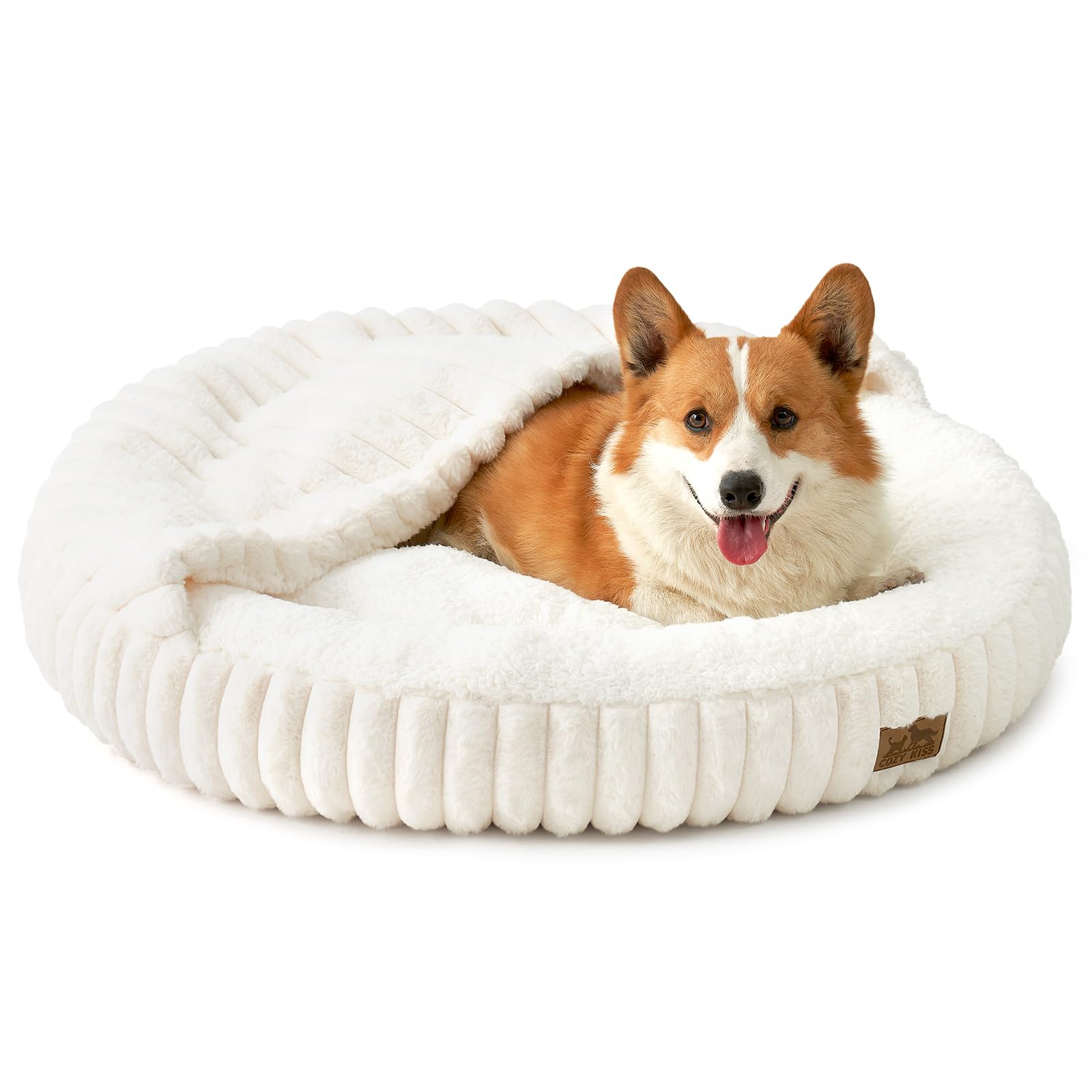 COZY KISS Katzenbett mit Decke - Flauschige Katzenhöhle - Kissen, Runde mittelgroße Hundebett mit Rutschfester Unterseite, Katzensofa mit Kopfstütze aus Kunstfell, Waschbares