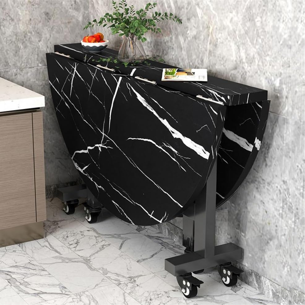 Mesa de comedor redonda plegable con hojas colgantes para espacios pequeños, mesa de mariposa extensible sobre 6 ruedas, marco de acero al carbono, escritorio de cocina plegable versátil para un fácil