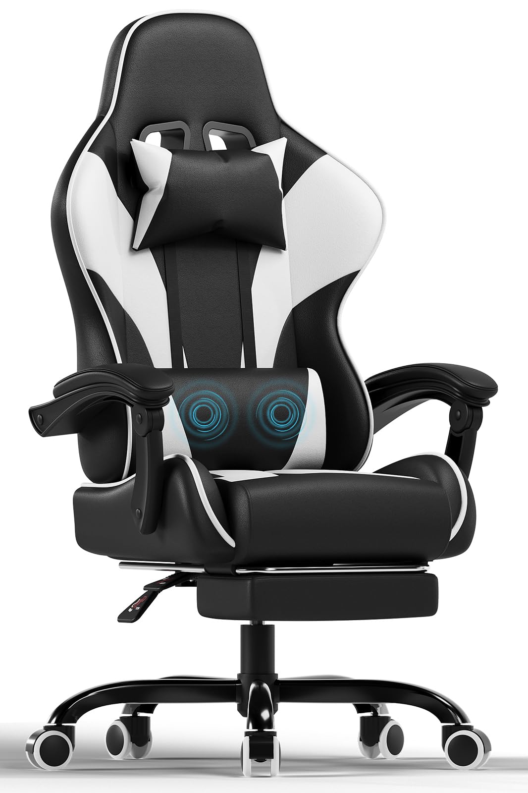 Devoko Silla Gaming de Masaje para Juegos con Reposapiés Telescópico, Silla Gamer con Cojín Lumbar y Reposacabezas, Sillas de Oficina Ergonómicas Respaldo Ajustable 90-135°, Carga 150 kg (Blanca)