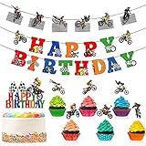 Zonon 20 Pieces Dirt Bike Birthday Decoration Dirt Bike Party Supplies Banner Cake Cupcake Topper for Motocross Themed Birthday Party Man or Boy Riding Room Wall Decoration (Chic Style)