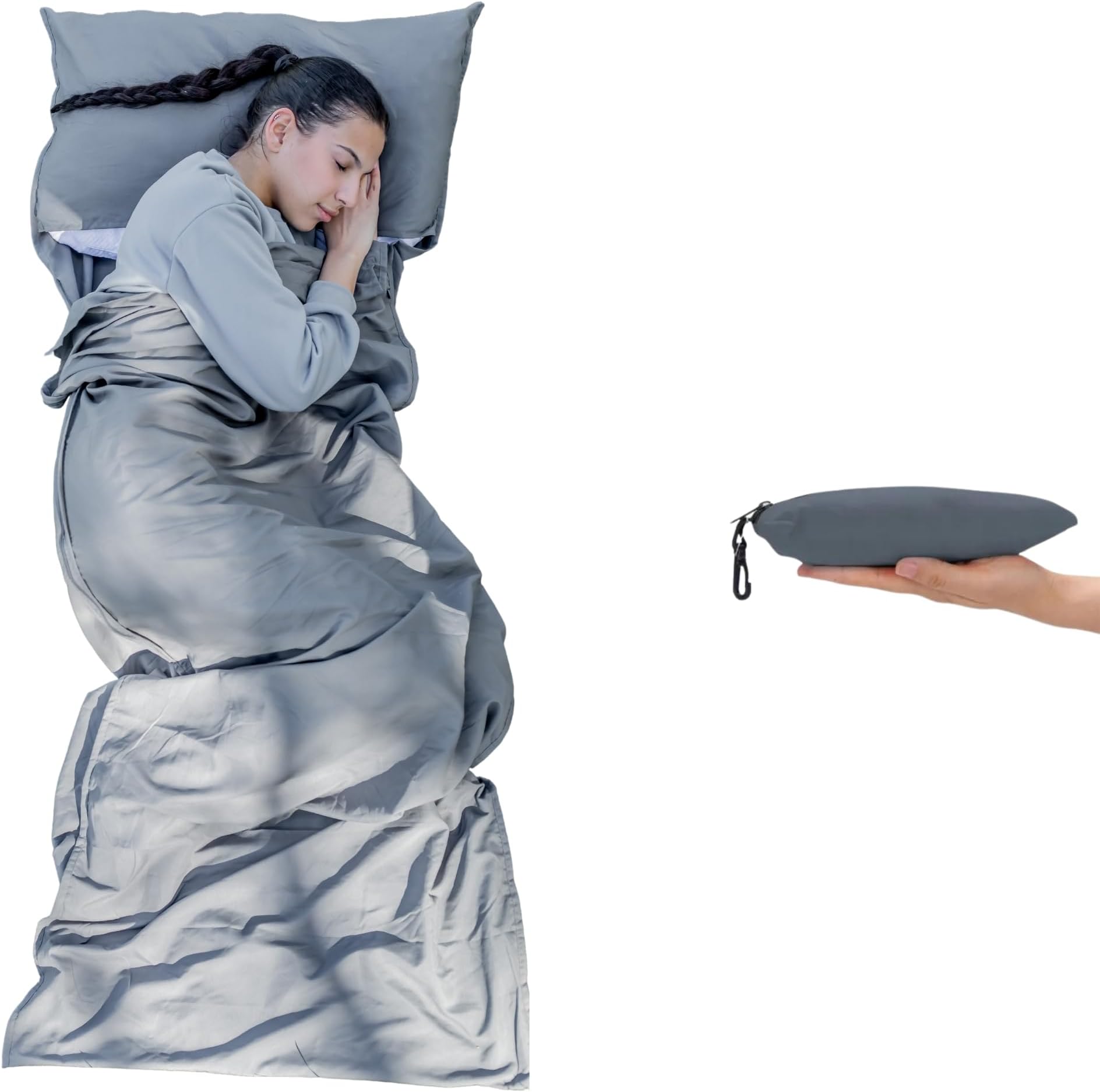 MAMMO Sleeping Bag Liner - Portable Sleeping Bag, Cotton Feel Travel Sheet With Pillow Slot, For Hotels, Hostels & Festivals, One Of Your Backpacking Essentials & Camping Accessories, Grey