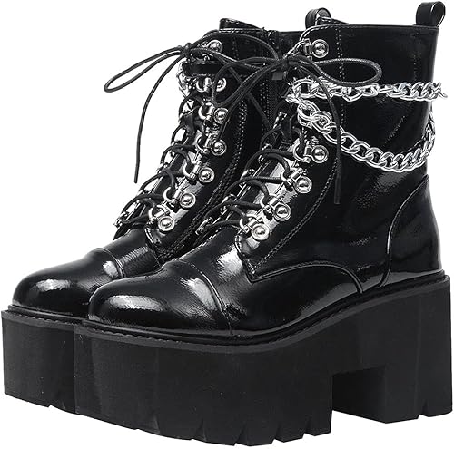 CYNLLIO Botines de plataforma para mujer, botas de tacón grueso de cuña para combate, góticas, con cordones y cremallera, zapatos punk, con cadena