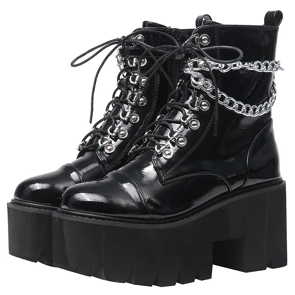 Photo 1 of ****UNKNOWN SIZE**** CYNLLIO Fashion Block Heel Platform Chain Combat Ankle Booties Women's Lace up Studded Motorcycle Boots Mid Calf Goth Boots