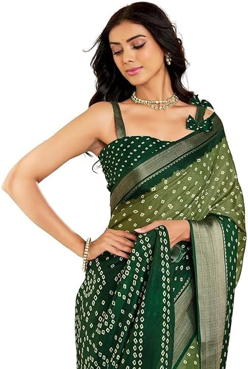 Ethnic/Junction Women's Dola Silk Bandhani Print Zari border Saree with Blouse Piece