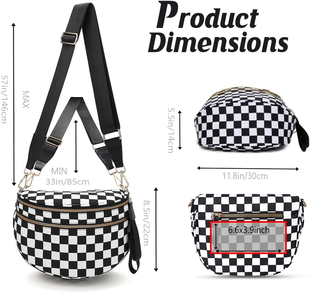 Checkered Black Crossbody Bags for Women Spacious Nylon Hobo Bum Bag Everyday Purse Fanny Packs Trendy Cross Body Bag for Woman Travel (Black and White Checkered)