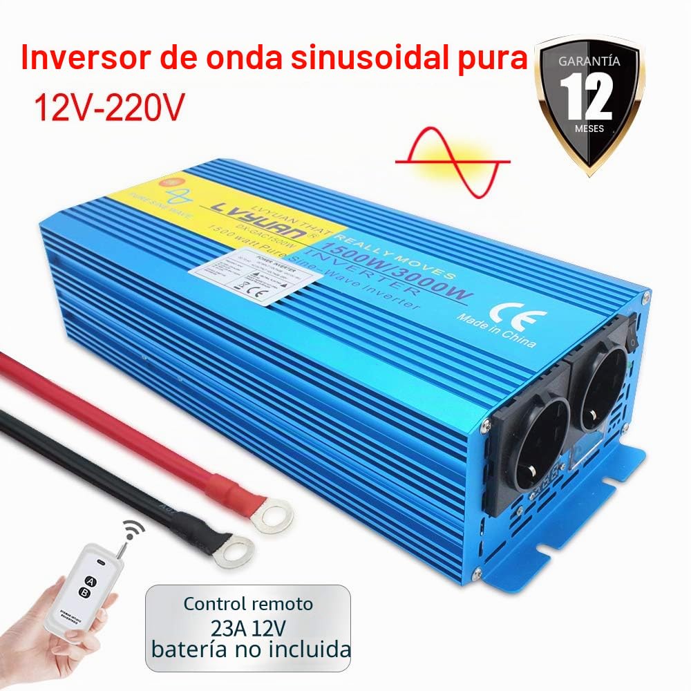 Cantonape 1500w/3000w Inversor de Corriente Onda Sinusoidal Pura,Transformador de 12v a 230v, Inversor con Mando a Distancia & 2 Toma EU Y LCD+LED para Coche Caravana Barco cámping
