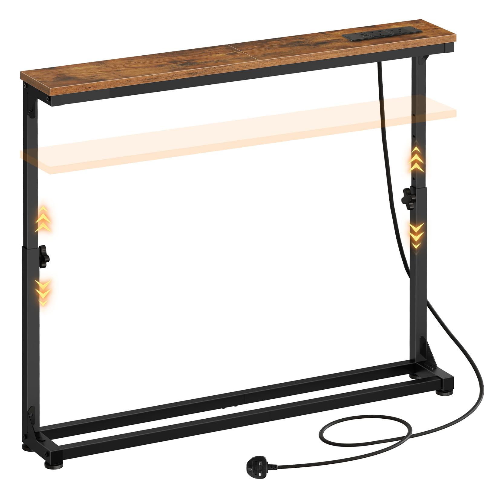 HOOBRO Slim Console Table with Adjustable Height (63.5-83.5 cm), Behind Sofe Table with Charging Station, 100 cm Narrow Console Table for Hallway, Living Room, Bedroom, Rustic Brown EBF95KXG01
