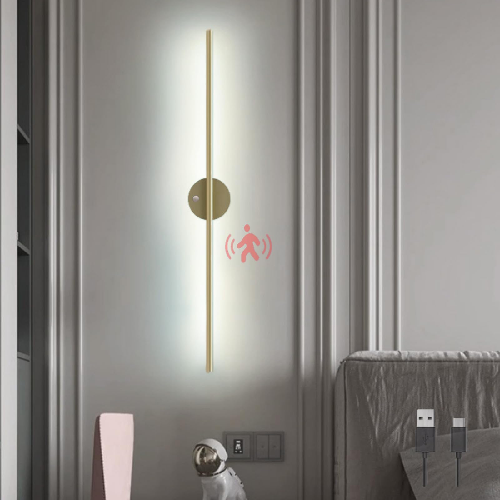 Lampa ścienna LED, bateria, do wnętrz, ładowana przez USB, długa zakrzywiona konstrukcja, żelazna, kreatywnie dekoracyjna, do sypialni, salonu, korytarza (Lu
