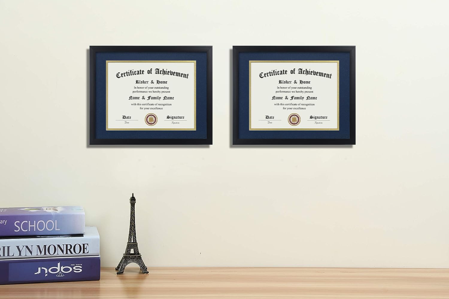 ELSKER&HOME 8.5x11 Certificate Frame with Blue Mat 2Pack- Classic Black Color Frame - Displays Diploma 8.5x11 Inch with Mat - 11x14 Inch Without Mat - For Document/Photo(2 Pack, Matte Blue with Gold