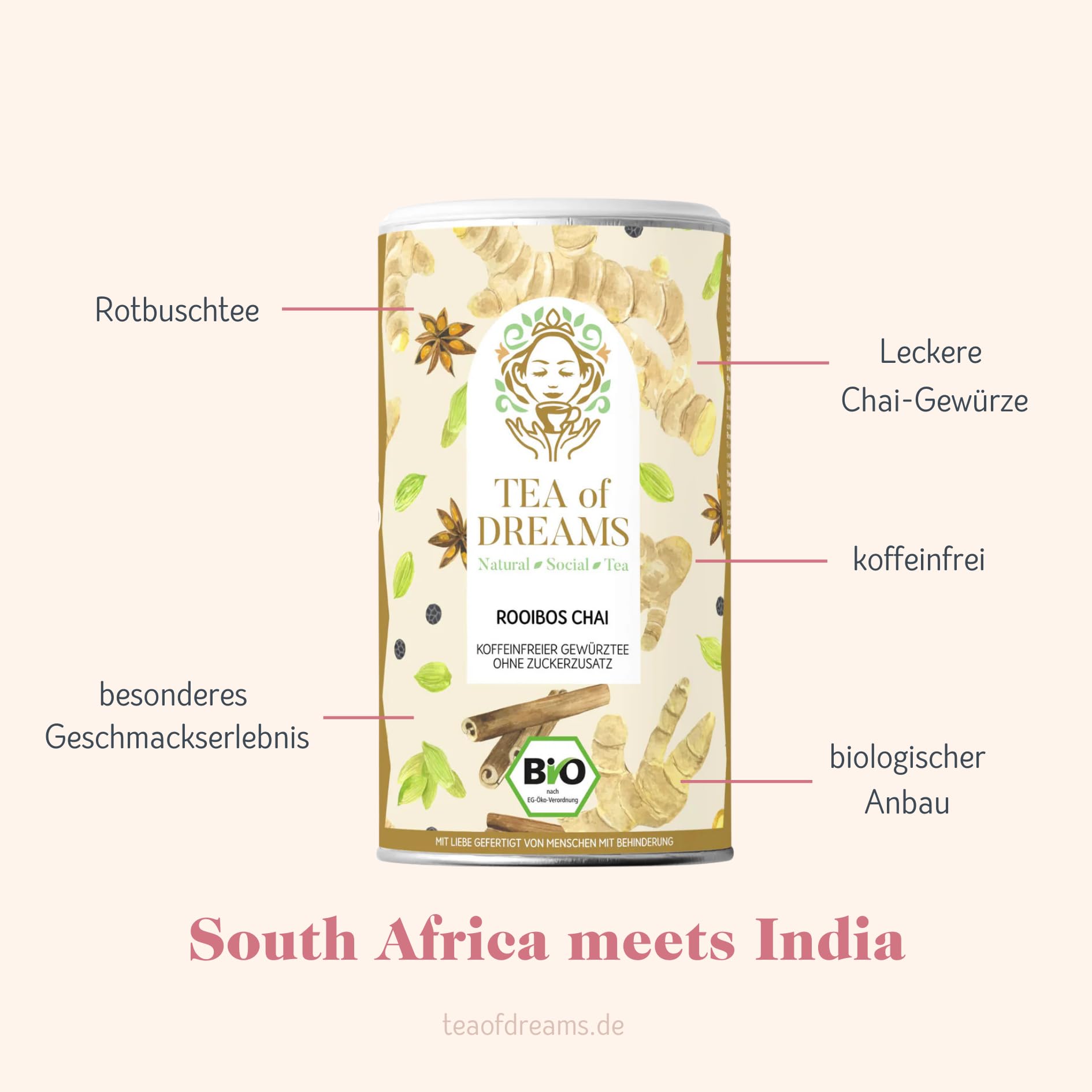 Rooibos Chai Thé bio - Thé aux herbes et épices à la cannelle, au gingembre et aux clous de girofle - 300 g