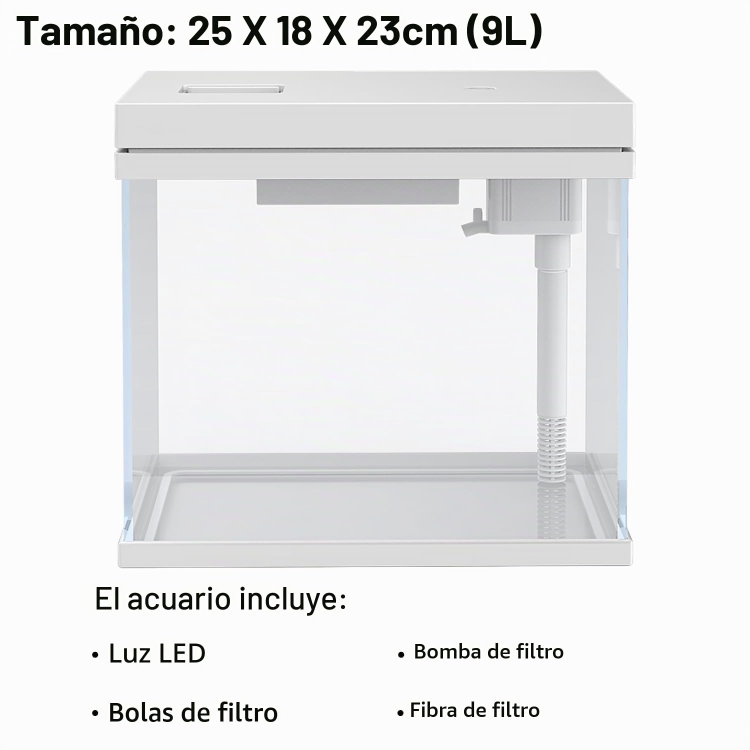 Tanque de peces de 9 L, acuario de nano vidrio, sistema de filtro mejorado y luz LED, para agua dulce y marina, bolas de filtro incluidas (blanco, 9 L)
